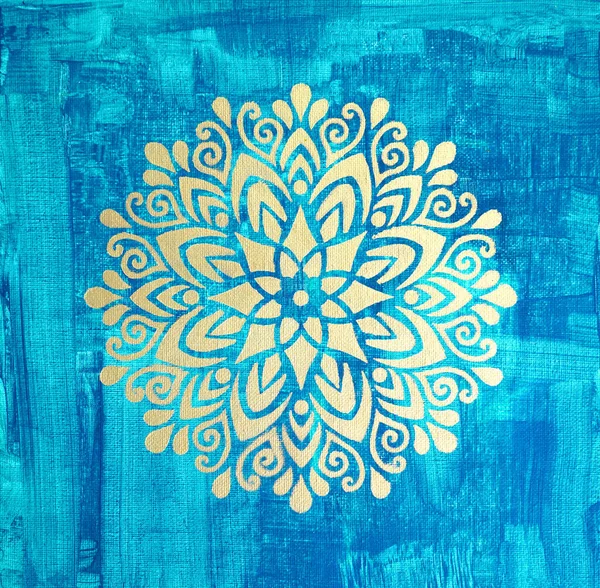 Artistic painting round mandala, golden stencil, snow deco new year. Picture contains interesting idea, evokes emotions, aesthetic pleasure. Canvas stretched cardboard, oil natural paints. Concept art