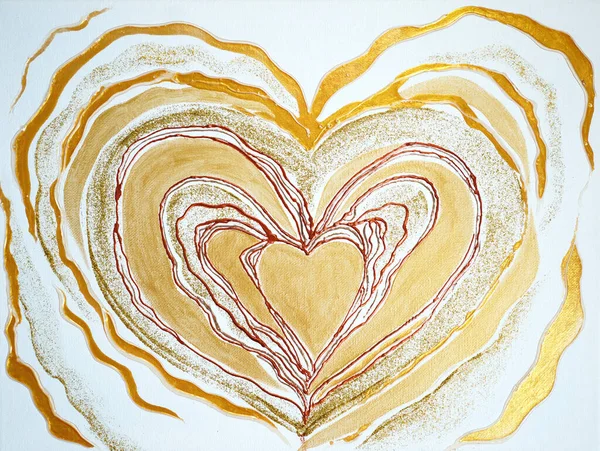 Artistic painting big lovely heart, yellow gold golden white lines. Picture contains interesting idea, evokes emotions, aesthetic pleasure. Canvas stretched, cardboard, oil natural paints. Concept art