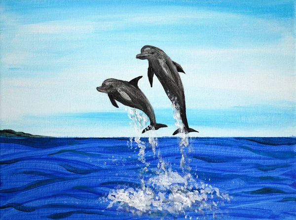 Художественная Живопись Двух Дельфинов Прыгающих Через Море Показывают Океан Картина Стоковое Изображение