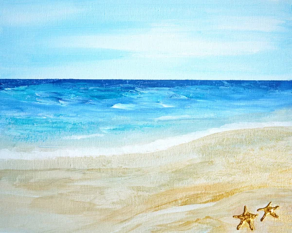 Artistic painting sea beach, starfish symbol of freedom relax time. Picture contains interesting idea, evokes emotions, aesthetic pleasure. Canvas stretched, cardboard, oil natural paints. Concept art
