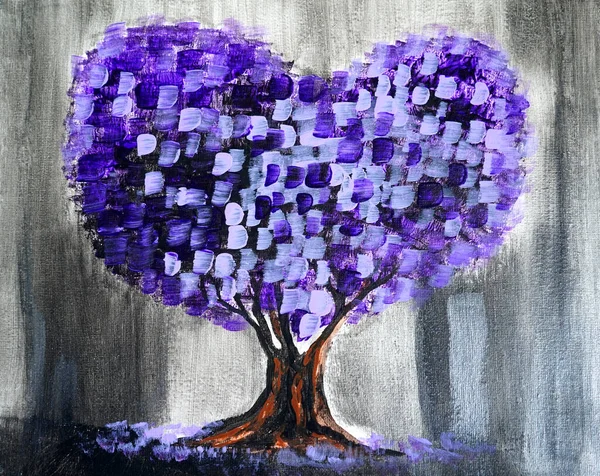 Artistic painting heart shaped tree, 14 February st Valentines day. Picture contains interesting idea, evokes emotions, aesthetic pleasure. Canvas stretched, cardboard, oil natural paints. Concept art