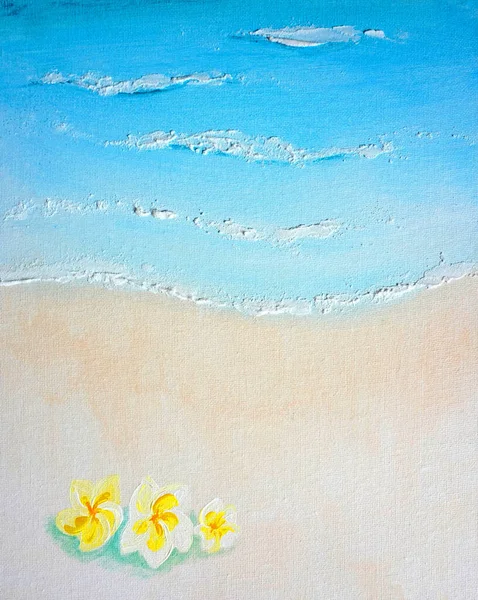 Drawing of bright sea shore, white waves, tropical flovers on clean sand. Perfect Picture contains interesting idea, evokes emotions, aesthetic pleasure. Canvas stretched. Concept art painting texture
