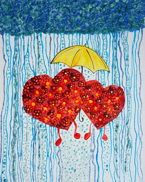 Desenul Inimi Strălucitoare Dragoste Merge Sub Umbrelă Ploaia Ziua Îndrăgostiţilor Fotografie de stoc