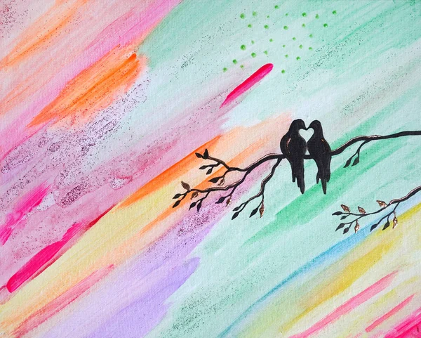 Drawing Bright Landscape Rainbow Rain Black Birds Sit Branch Valentines — Foto de Stock