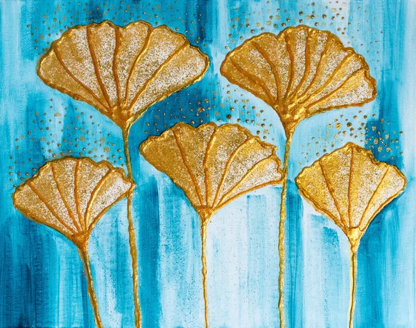 Desen Plante Aurii Strălucitoare Ginkgo Biloba Frunzele Aur Ploaie Albastră Fotografie de stoc