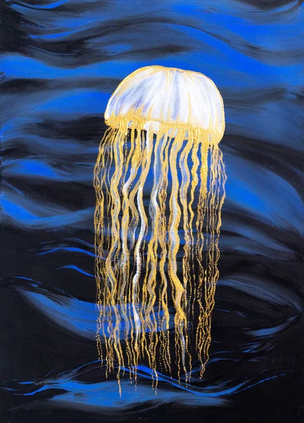 Drawing Bright Fabulous Jellyfish Dangerous Electric Stingray Blue Water Picture Photos De Stock Libres De Droits