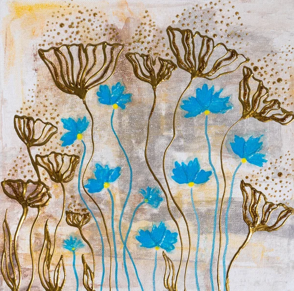 Drawing Bright Flower Garden Magic Petals Small Blue Flowers Cornflowers Стоковое Изображение