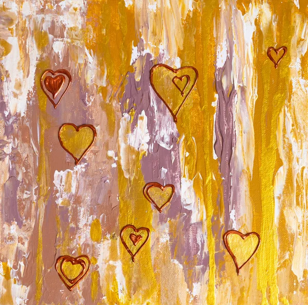 Drawing Bright Small Hearts Gold Golden Yellow Background Valentines Picture Imágenes de stock libres de derechos