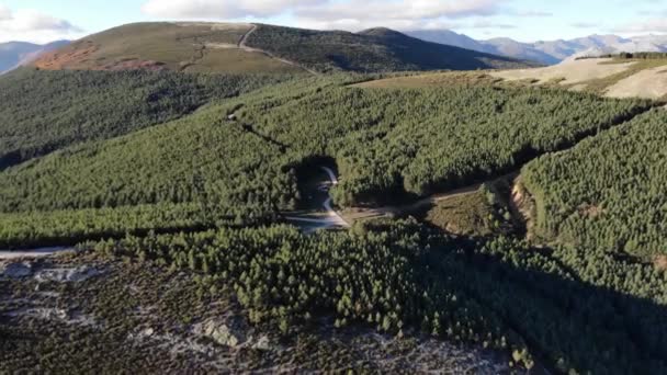 一架无人驾驶飞机飞越马路对面的森林时的空中射击 森林中央有一个山民的庇护所 一架无人驾驶飞机飞越高山和森林的空中射击 — 图库视频影像