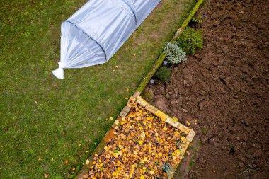 Ev bahçesindeki alçak tünel serasının hava görüntüsü. Çoklu tünel, sonbahar bahçesi, soğuk hava ekinlerini koruma arka planı.