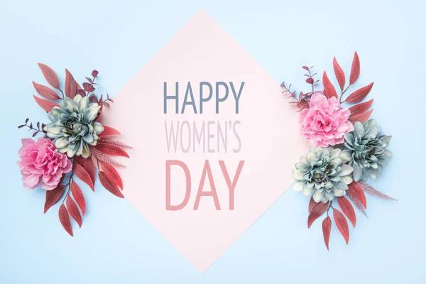Щасливий Жіночий День Пастельний Синій Рожевий Кольоровий Фон Плоска Вітальна — стокове фото