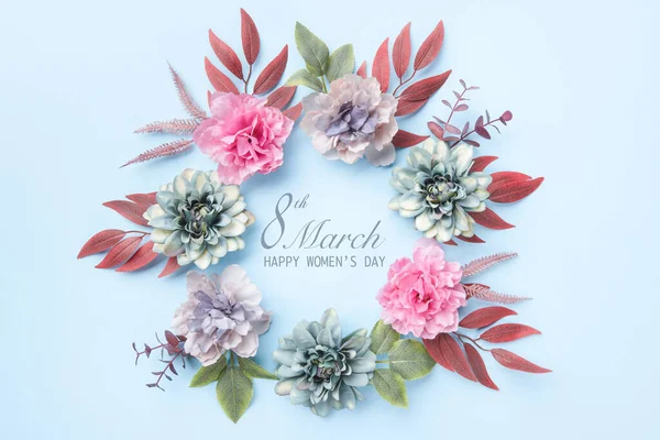 Happy Women Day Pastel Blue Colored Background Flat Lay Floral — Foto Stock