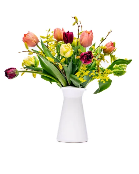 Elegant Mixed Tulips Spring Bouquet White Vase White Background Spring — Stock Photo, Image