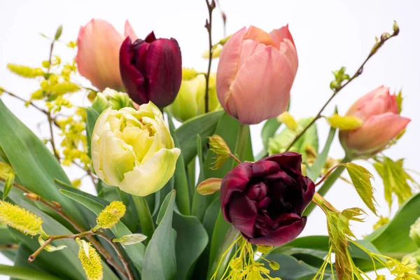 Élégant Bouquet Printemps Tulipes Mixtes Vase Blanc Sur Fond Blanc — Photo