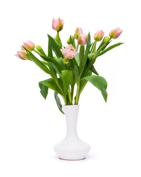 Elegante Pastel Rosa Tulipanes Dreamer Ramo Primavera Jarrón Blanco Sobre —  Fotos de Stock