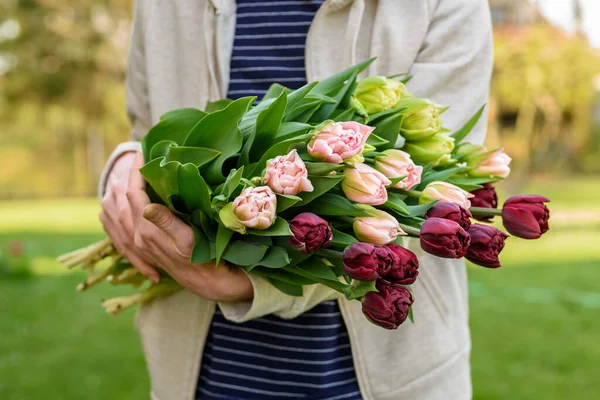 Flower Farmer Holding Armful Specialty Double Tulips Various Colors Growing — Stock Photo, Image