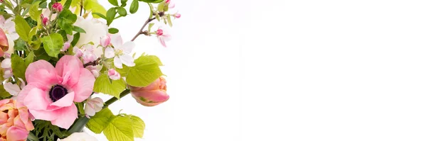 Elegante Mezcla Tulipanes Pastel Ramo Primavera Color Banner Blanco Con —  Fotos de Stock