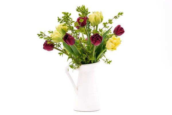 Elegante Bouquet Primavera Tulipani Misti Vaso Bianco Sfondo Bianco Tulipani — Foto Stock
