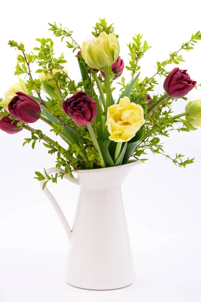 Elegant Mixed Tulips Spring Bouquet White Vase White Background Spring — Stock Photo, Image