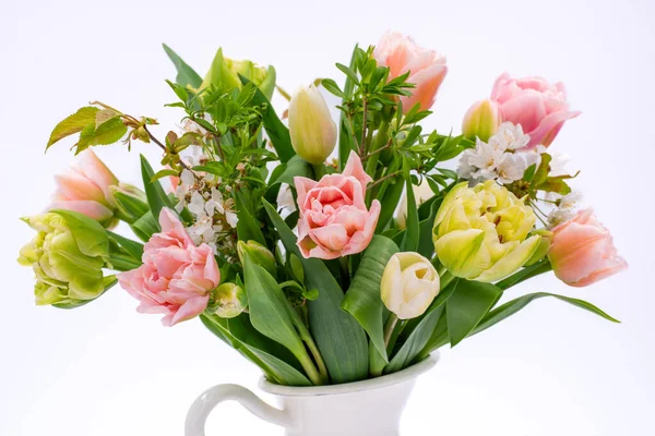 Elegant Mixed Tulips Spring Bouquet White Vase White Background Copy — Stock Photo, Image