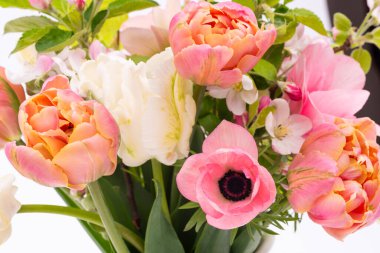 Beyaz arka planda zarif pastel renkli bahar buketi. Bahar laleleri. Lale buketi.