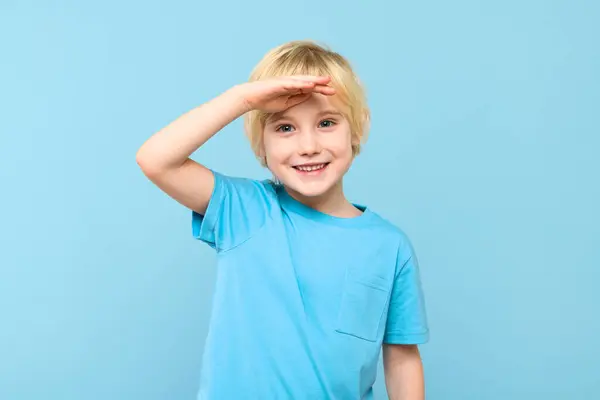 Cute Preschooler Looking Distance Hand Forehead Smiling Kid Looking Future — Stock Photo, Image