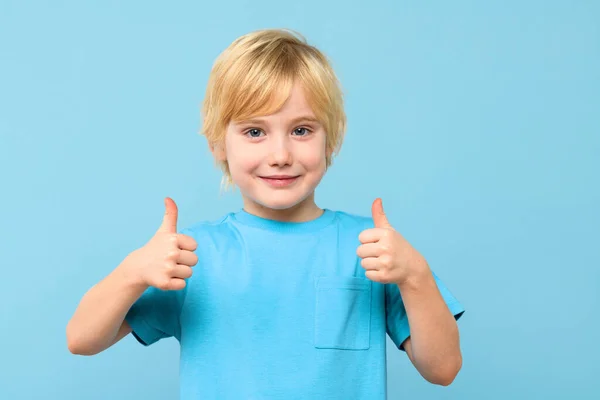 Happy Young Boy Showing Thumbs Looking Camera Isolated Pastel Blue — Stock Photo, Image