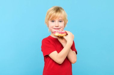 Sarı saçlı, çilli ve jöleli çörek yiyen şirin bir çocuk. Çocuklar ve şekerli abur cubur konsepti. Renkli çörekler tutan, şeker dolu abur cubur yiyen, pastel mavisi stüdyo arka planında izole edilmiş bir çocuk..