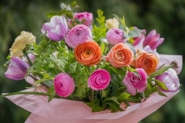 Bahar buketi. Çok güzel renkli taze çiçek aranjmanı. Lalelerden ve açık havada çekilen ranuncululardan yapılmış doğum günü buketi.. 