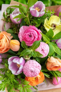 Bahar buketi. Güzel pastel renkli taze çiçek aranjmanı. Lalelerden ve açık havada çekilen ranuncululardan yapılmış doğum günü buketi.. 