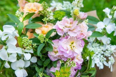 Karışık bahar çiçeklerinden yapılmış bir buket. Güzel pastel renkli taze çiçek aranjmanı. Aslanağzı ve matthiola stoklu doğum günü buketi..
