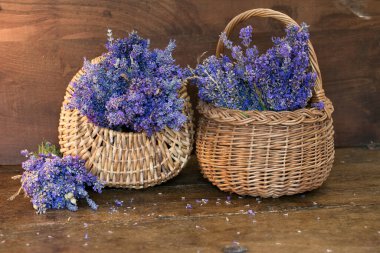 Tahta sepetlerde taze lavanta (Lavandula angustifolia).
