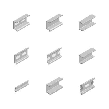 Set of different types of DIN rail on a white background. 3D isometric style, vector illustration.