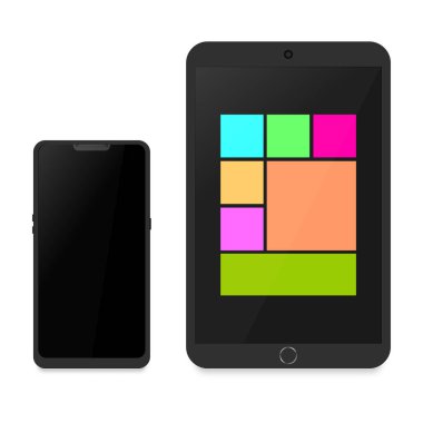 Smartphone and tablet computer, modern digital devices isolated on white background. Front view, 3D vector illustration.