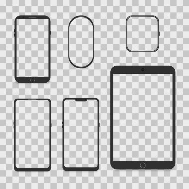 Smartphone and tablet computer, modern digital devices isolated on white background. Front view, 3D vector illustration.