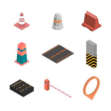 Beyaz arka planda izole edilmiş farklı tabela tamiri seti. İnşaat tasarım elementleri. Düz 3D izometrik biçim, vektör illüstrasyonu.