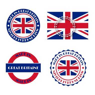 Büyük Britanya 'da üretilen çeşitli etiketler beyaz arka planda, vektör illüstrasyonu.