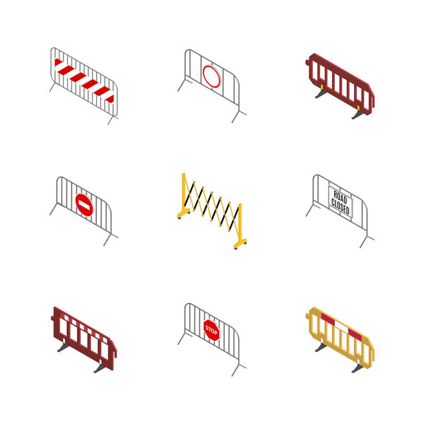 Set of portable metal and plastic road barriers isolated on white background. Under construction design elements. Flat 3D isometric style, vector illustration.