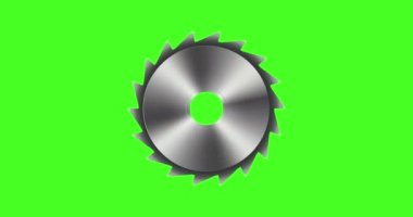 Çelik testere bıçağının dönüşü, yeşil ekranda 4K animasyon.