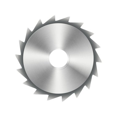 Dairesel testereler için fotorealistik çelik disk, araç tasarım elementleri, beyaz arkaplanda izole edilmiş, vektör illüstrasyonu.