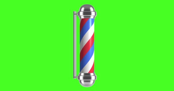 Roterande Barbershop Stolpe Med Glänsande Mössor Glöder Isolerad Grön Bakgrund — Stockvideo