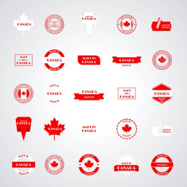 Kanada 'da üretilen çeşitli etiketler beyaz arka planda izole edilmiş, vektör illüstrasyonu.