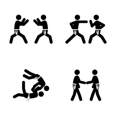 Çubuk figürler, karate dövüş sanatı, beyaz arkaplanda siyah siluetler, düz vektör çizimi.
