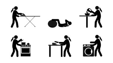 Bir dizi çöp adam, yemek ve ev işi. Beyaz arkaplanda siyah siluetler, düz vektör çizimi.