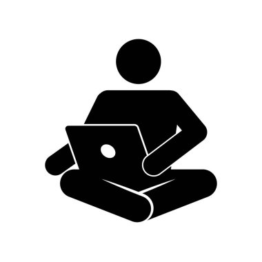 Dizüstü bilgisayarla bağdaş kurmuş birinin siyah beyaz çöp adam vektör çizimi. Uzak çalışma, öğrenim, serbest öğrenim ve çevrimiçi öğrenim kavramı.