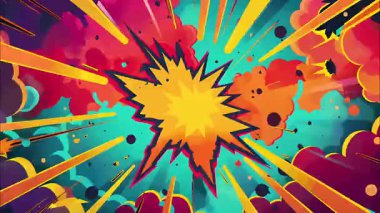 2d çizgi film animasyonlu çizgi roman tarzı düz döngü soyut arka plan canlı renkler, dinamik patlamalar aksiyon sahneleri, hareket grafikleri ve eğlenceli çizgi film tanıtımları için mükemmel..