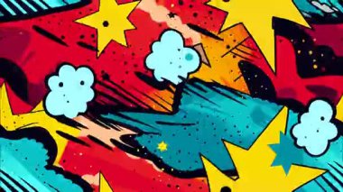 2d çizgi film animasyonlu çizgi roman tarzı düz döngü soyut arka plan canlı renkler, dinamik patlamalar aksiyon sahneleri, hareket grafikleri ve eğlenceli çizgi film tanıtımları için mükemmel..