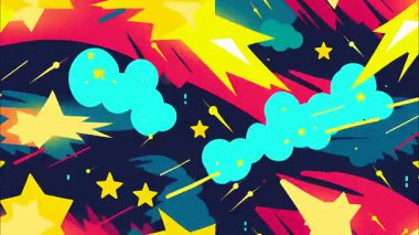 2d çizgi film animasyonlu çizgi roman tarzı düz döngü soyut arka plan canlı renkler, dinamik patlamalar aksiyon sahneleri, hareket grafikleri ve eğlenceli çizgi film tanıtımları için mükemmel..