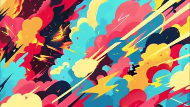 2d çizgi film animasyonlu çizgi roman tarzı düz döngü soyut arka plan canlı renkler, dinamik patlamalar aksiyon sahneleri, hareket grafikleri ve eğlenceli çizgi film tanıtımları için mükemmel..