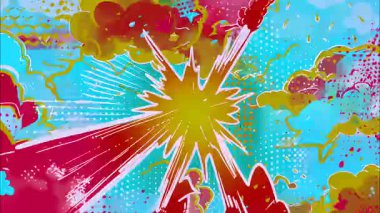 2d çizgi film animasyonlu çizgi roman tarzı düz döngü soyut arka plan canlı renkler, dinamik patlamalar aksiyon sahneleri, hareket grafikleri ve eğlenceli çizgi film tanıtımları için mükemmel..